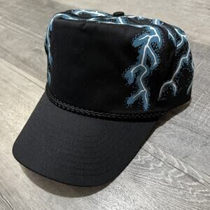 VTG American Thunder 90s Black Lightning Snapback Blank Biker Trucker Hat NOS